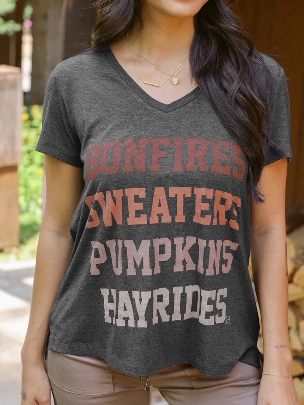Grace & Lace Favorite V-Neck Graphic Tee - Gray Fall Bonfires Pumpkins Sz Large